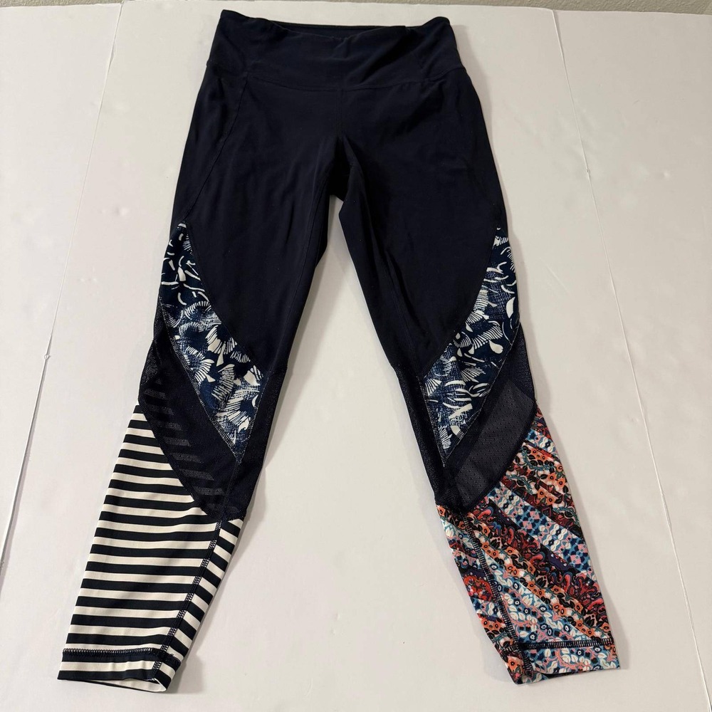 Athleta Navy Mixed Print Mesh Panel Yoga Leggings Women Small Striped Floral